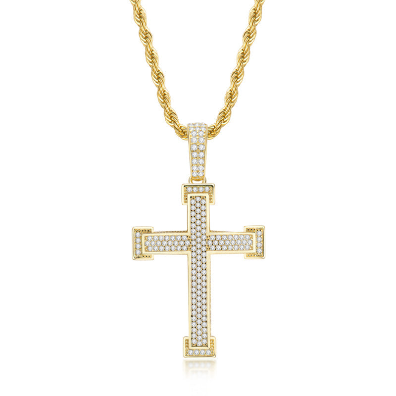 925 Sterling Silver Three Rows Round Cut Created CZ Cross Pendant Necklace