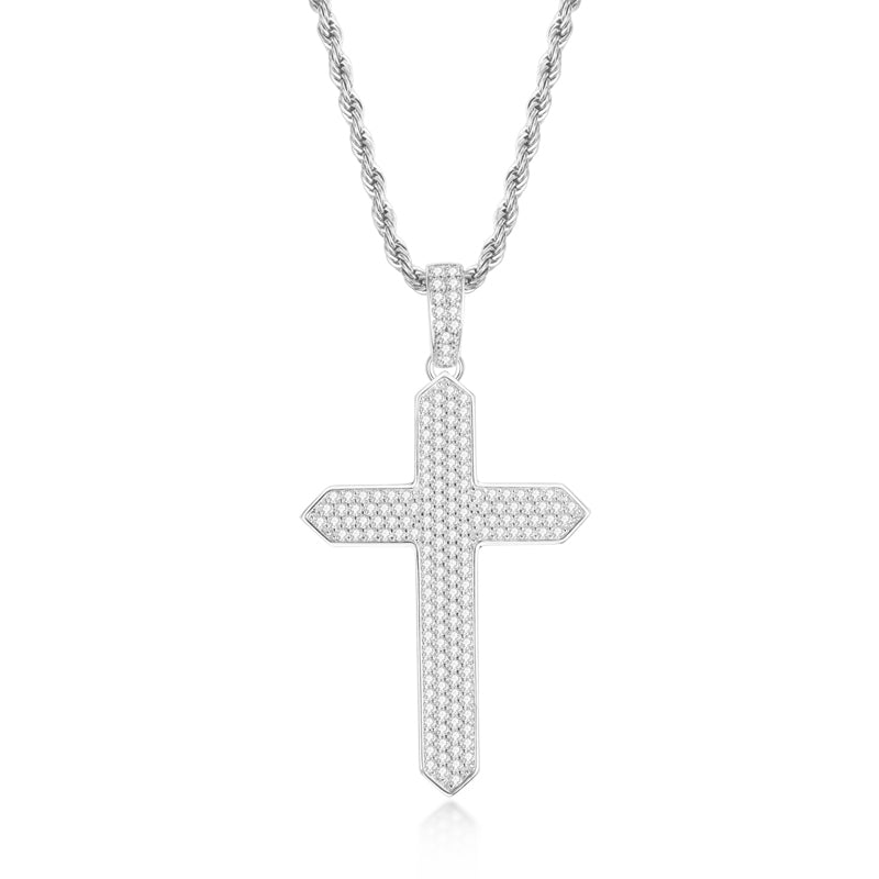 925 Sterling Silver Created CZ Cross Hip Hop Long Chain Pendant Necklace