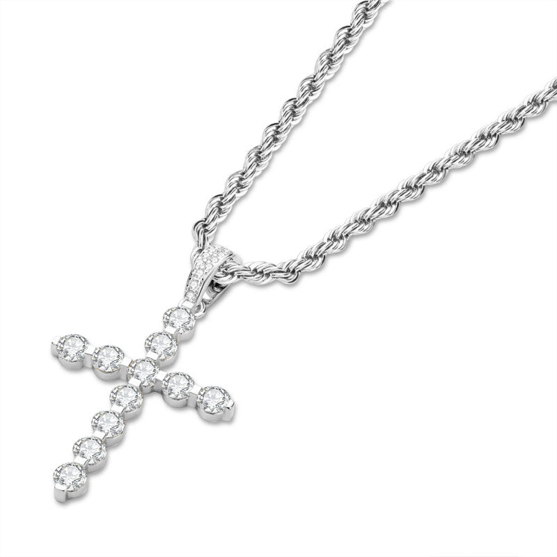 925 Sterling Silver Round Cut Created CZ Cross Pendant Necklace