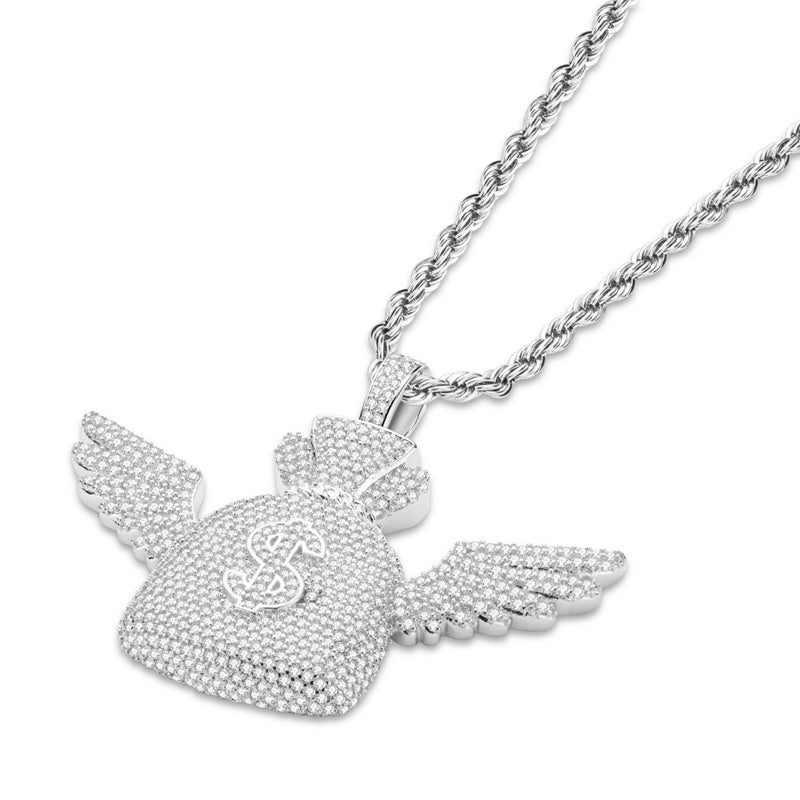 925 Sterling Silver Created Diamond Wallet With Wings Pendant Necklace