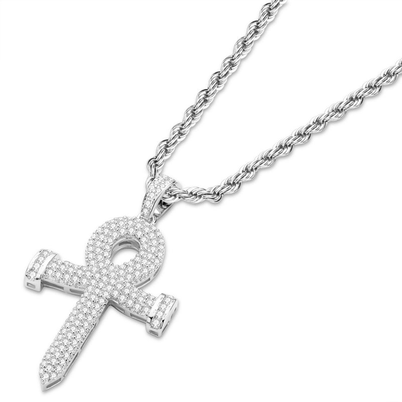 925 Sterling Silver Created Diamond Cross Hip Hop Rope Chain Pendant Necklace