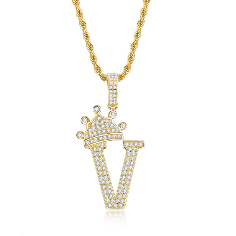 925 Sterling Silver Created CZ Hip Hop Micro Pave The Letter V Pendant Necklace