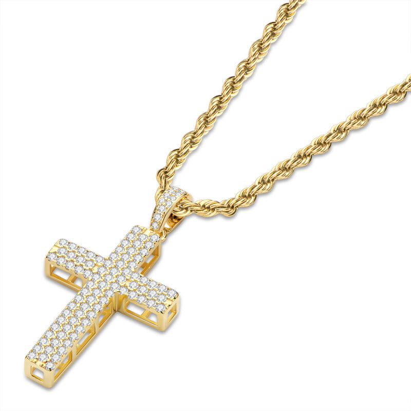 925 Sterling Silver Round Cut Created CZ Hip-Hop Cross Pendant Necklace