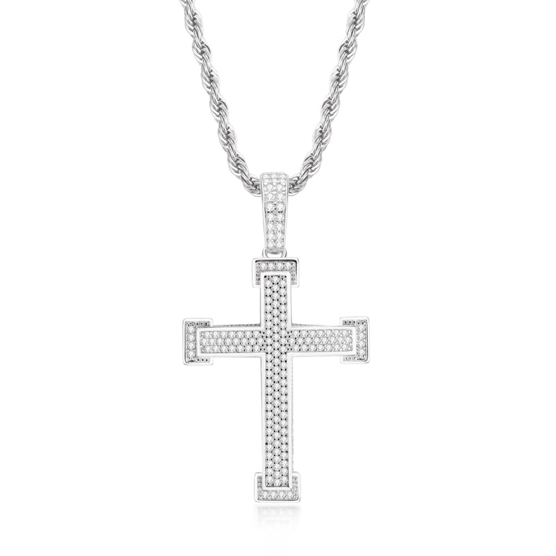 925 Sterling Silver Three Rows Round Cut Created CZ Cross Pendant Necklace