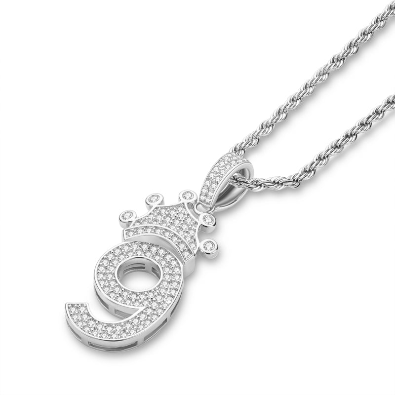 925 Sterling Silver Number 9 Created Diamond Hip Hop Long Chain Pendant Necklace