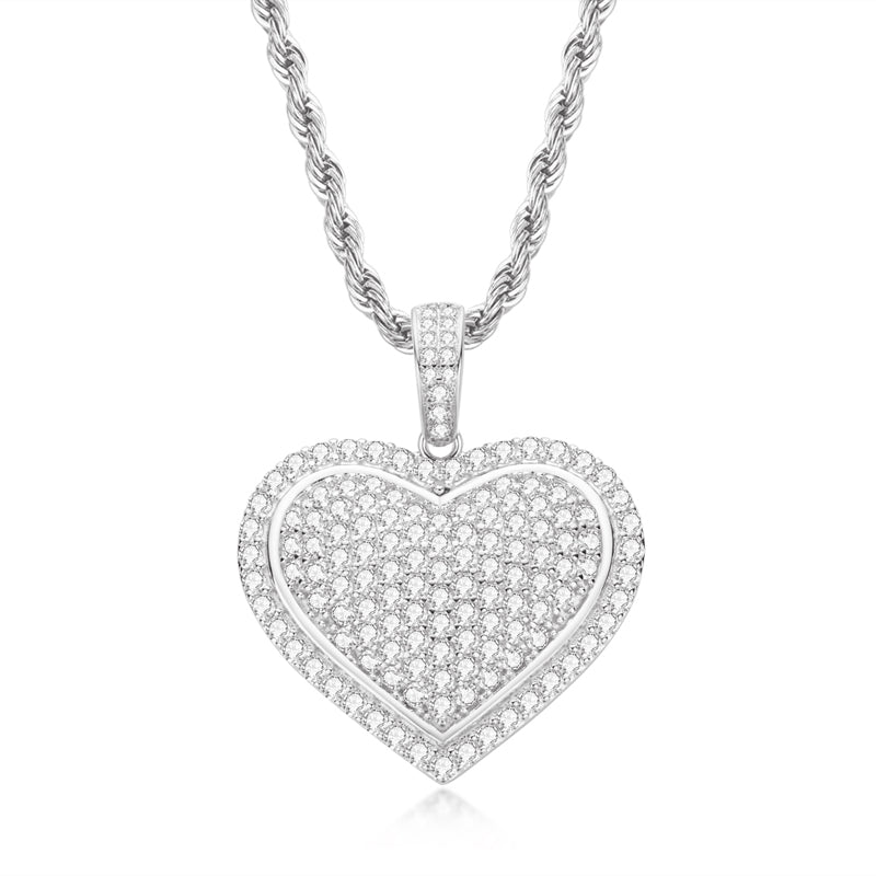 925 Sterling Silver Created Diamond Heart Shaped Hip Hop Pendant Necklace