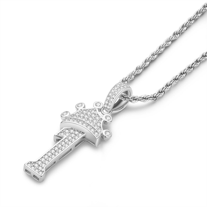 925 Sterling Silver Number 1 Created Diamond Hip Hop Long Chain Pendant Necklace