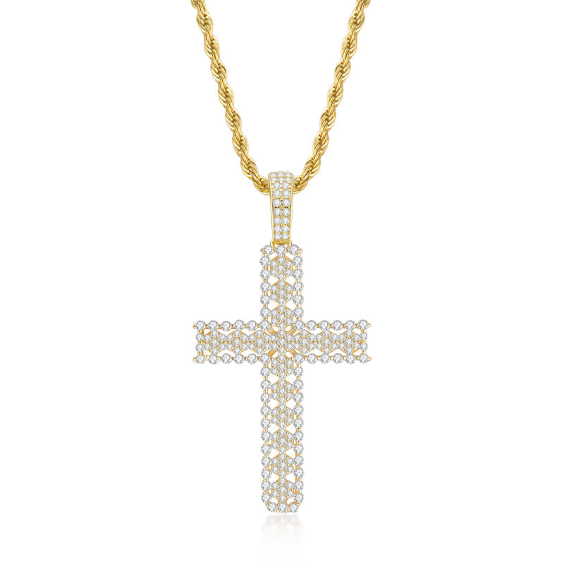 925 Sterling Silver Round Cut Created Diamond Personalized Cross Hip Hop Pendant Necklace 23.62''