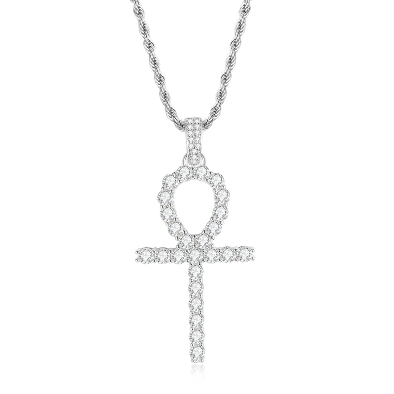 925 Sterling Silver Created CZ Cross Hip Hop Rope Chain Pendant Necklace