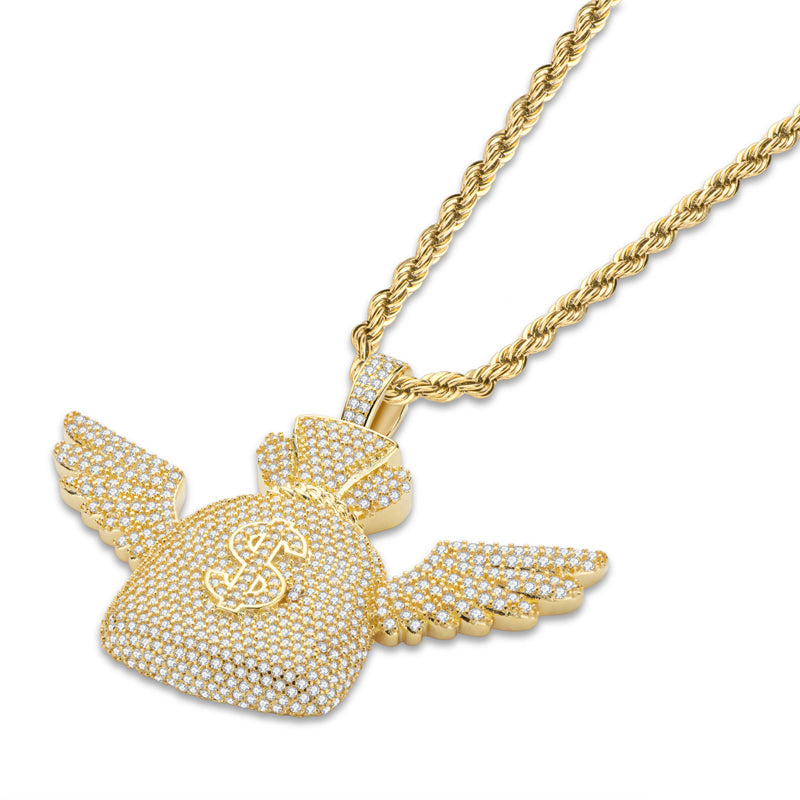 925 Sterling Silver Created Diamond Wallet With Wings Pendant Necklace