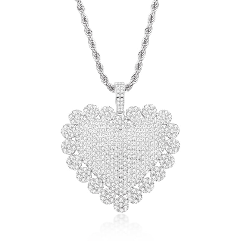 925 Sterling Silver Heart Shaped Luxury Hip Hop Created Diamond Pendant Necklace