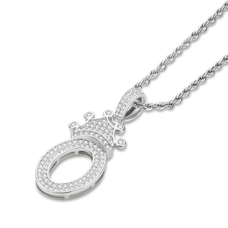 925 Sterling Silver Number 0 Crown Created Diamond Pendant Necklace