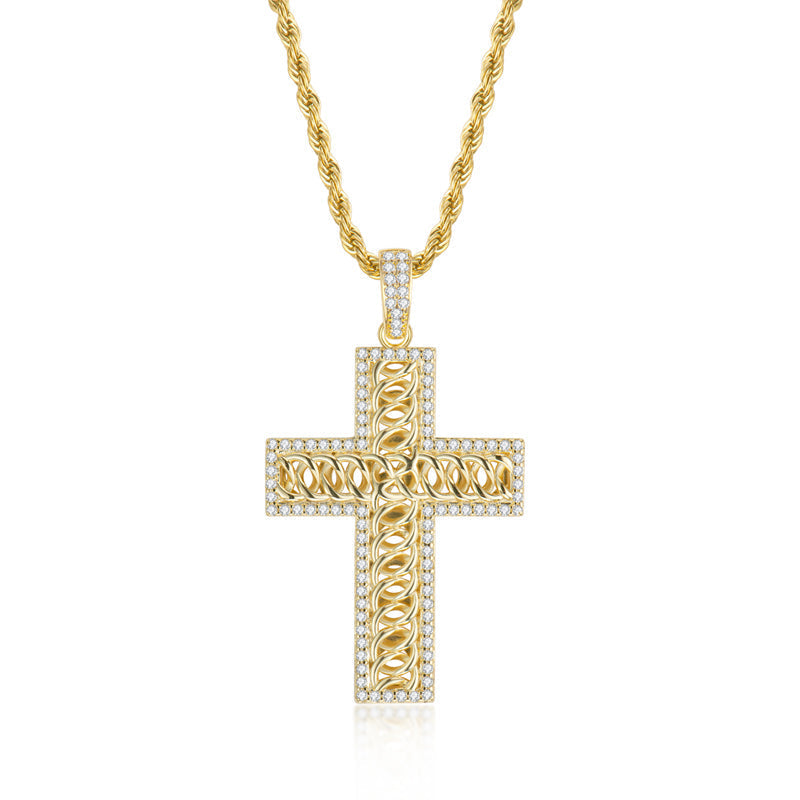 925 Sterling Silver Created Diamond Cross Hip Hop Long Chain Luxury Pendant Necklace