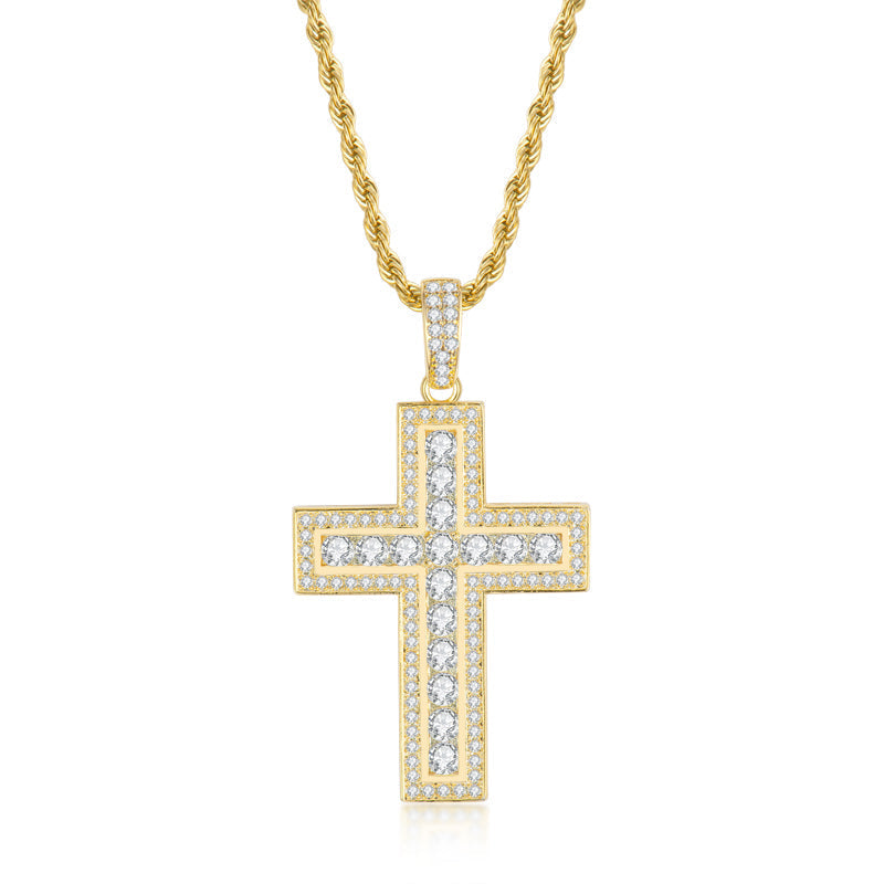 925 Sterling Silver Round Cut Created Diamond Hip Hop Charm Cross Pendant Necklace