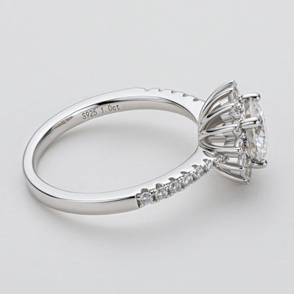 925 Sterling Silver Sunflower Shape Round Cut CZ Halo Ring