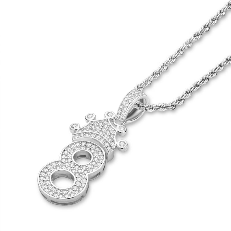 925 Sterling Silver Number 8 Created CZ Hip Hop Long Chain Pendant Necklace