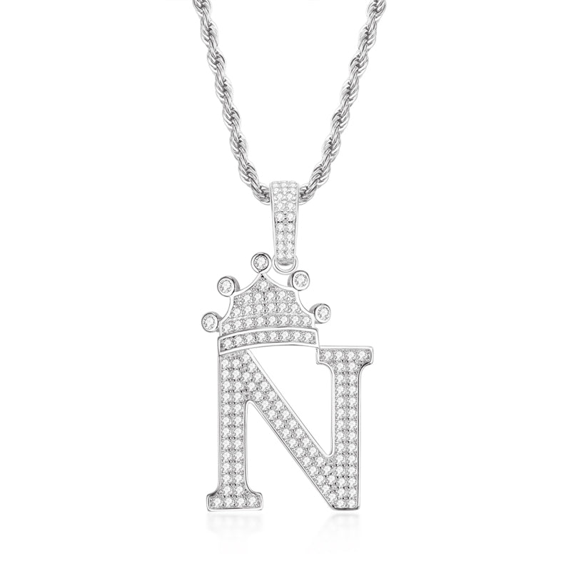 925 Sterling Silver The Letter N Created CZ Crown Hip Hop Rope Chain Pendant Necklace