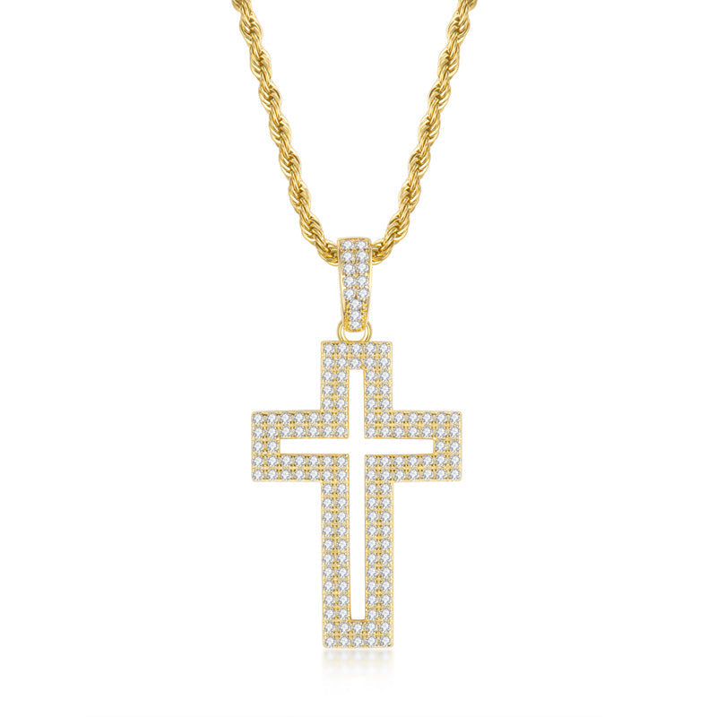 925 Sterling Silver Created Diamond Personalized Cross Hollow Pendant Necklace