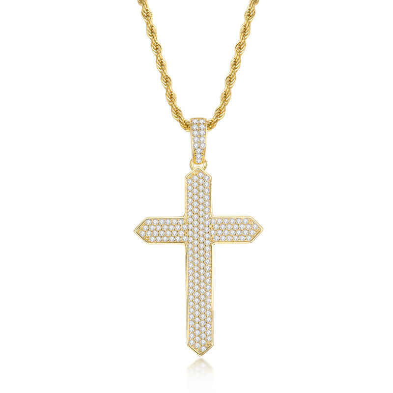 925 Sterling Silver Created CZ Cross Hip Hop Long Chain Pendant Necklace