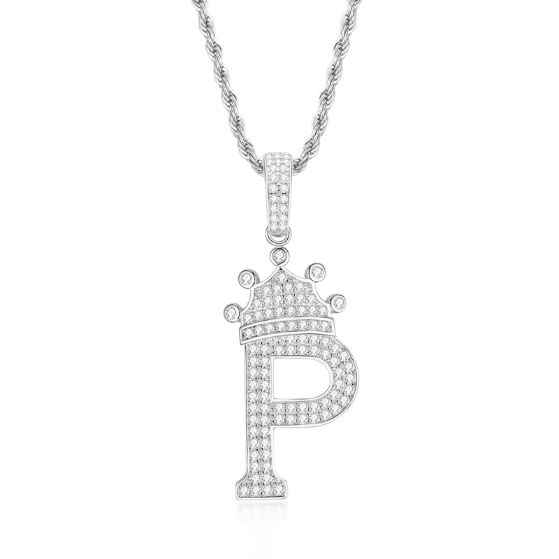 925 Sterling Silver Round Cut Created CZ Hip Hop Micro Pave The Letter P Pendant Necklace