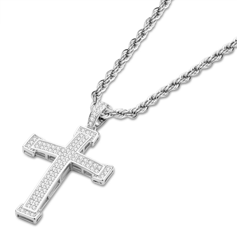 925 Sterling Silver Personalized Cross Created CZ Hip Hop Charm Pendant Necklace