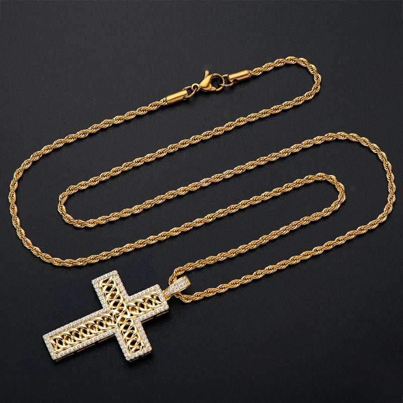 925 Sterling Silver Created Diamond Cross Hip Hop Long Chain Luxury Pendant Necklace