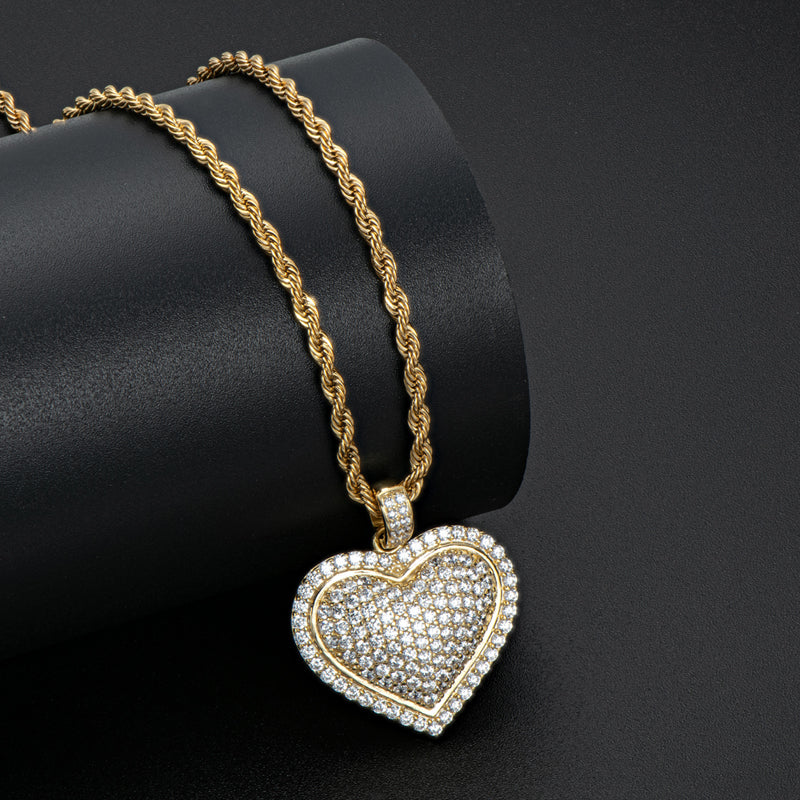 925 Sterling Silver Created Diamond Heart Shaped Hip Hop Pendant Necklace