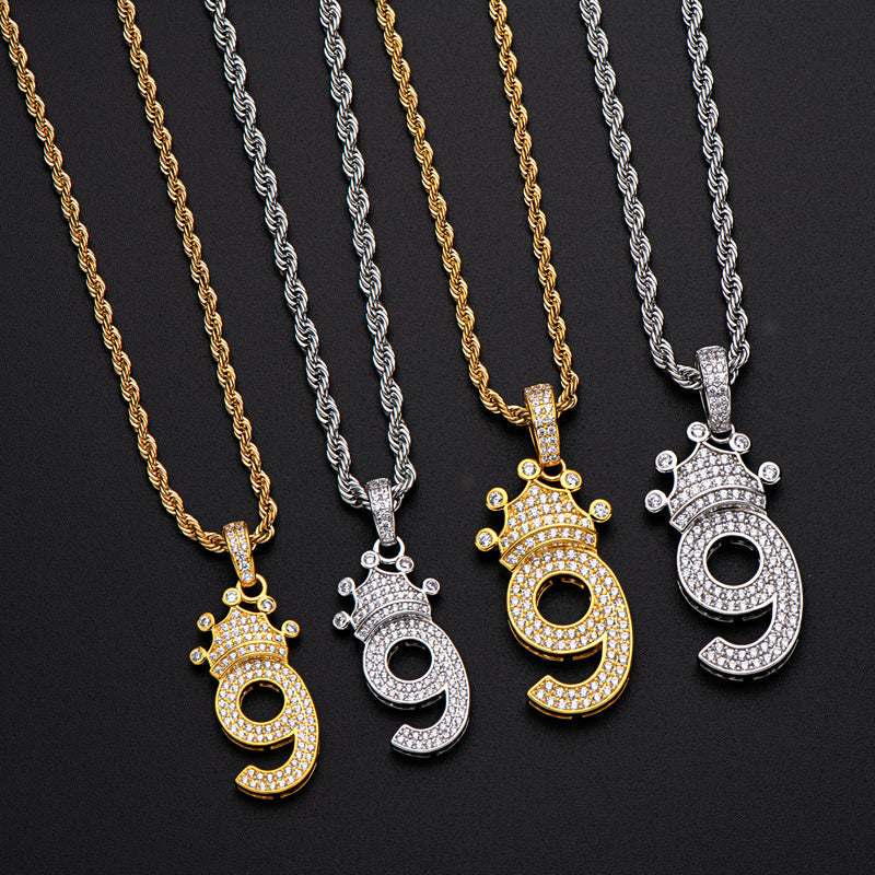 925 Sterling Silver Number 9 Created Diamond Hip Hop Long Chain Pendant Necklace