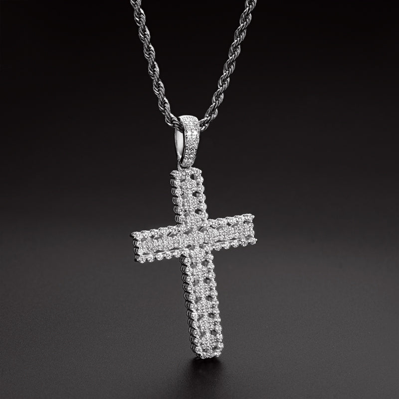 925 Sterling Silver Round Cut Created Diamond Personalized Cross Hip Hop Pendant Necklace 23.62''