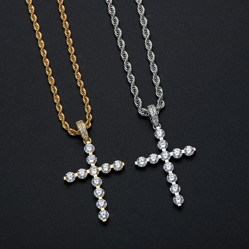 925 Sterling Silver Round Cut Created CZ Cross Pendant Necklace