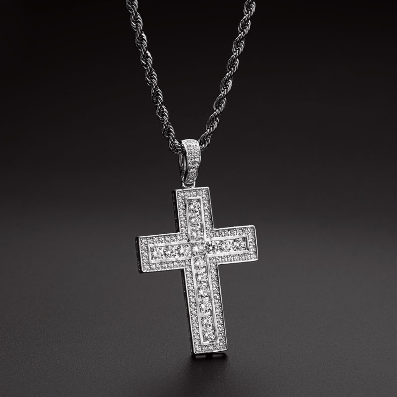 925 Sterling Silver Round Cut Created Diamond Hip Hop Charm Cross Pendant Necklace