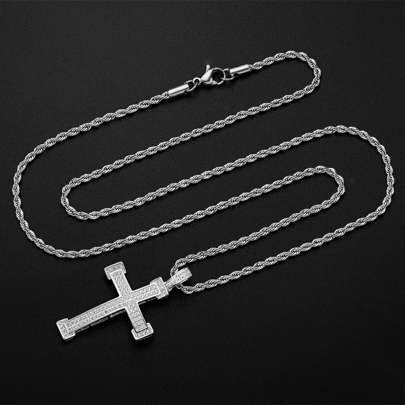 925 Sterling Silver Personalized Cross Created CZ Hip Hop Charm Pendant Necklace