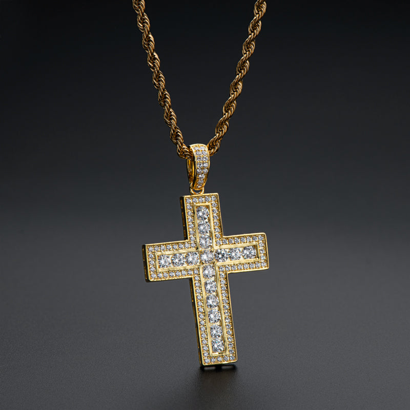 925 Sterling Silver Round Cut Created Diamond Hip Hop Charm Cross Pendant Necklace