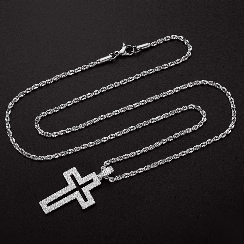 925 Sterling Silver Created Diamond Personalized Cross Hollow Pendant Necklace