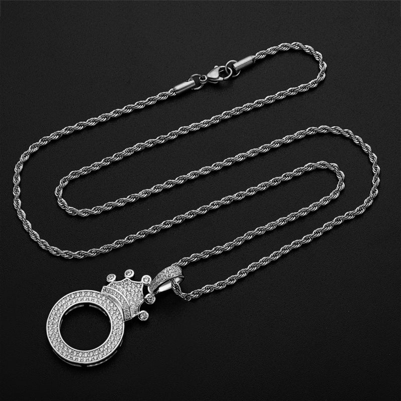 925 Sterling Silver The Letter O Created CZ Crown Hip Hop Rope Chain Pendant Necklace