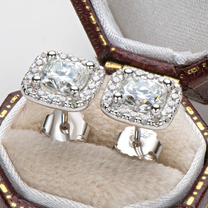 925 Sterling Silver Cushion Cut Cubic Zirconia Halo Stud Earrings