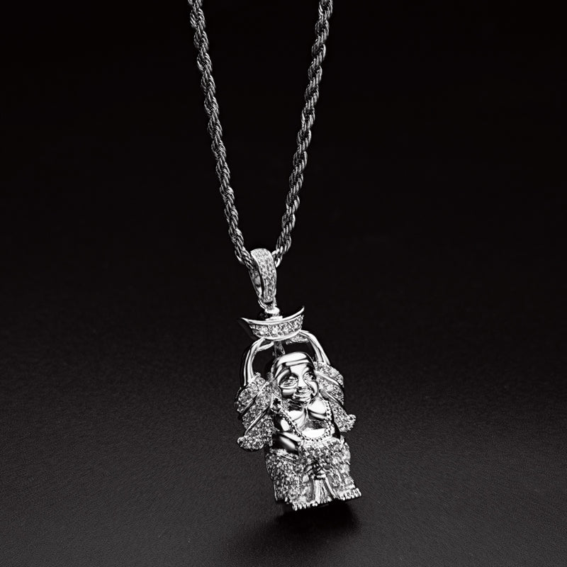 925 Sterling Silver Created Diamond Religion Buddha Statue Rope Chain Pendant Necklace