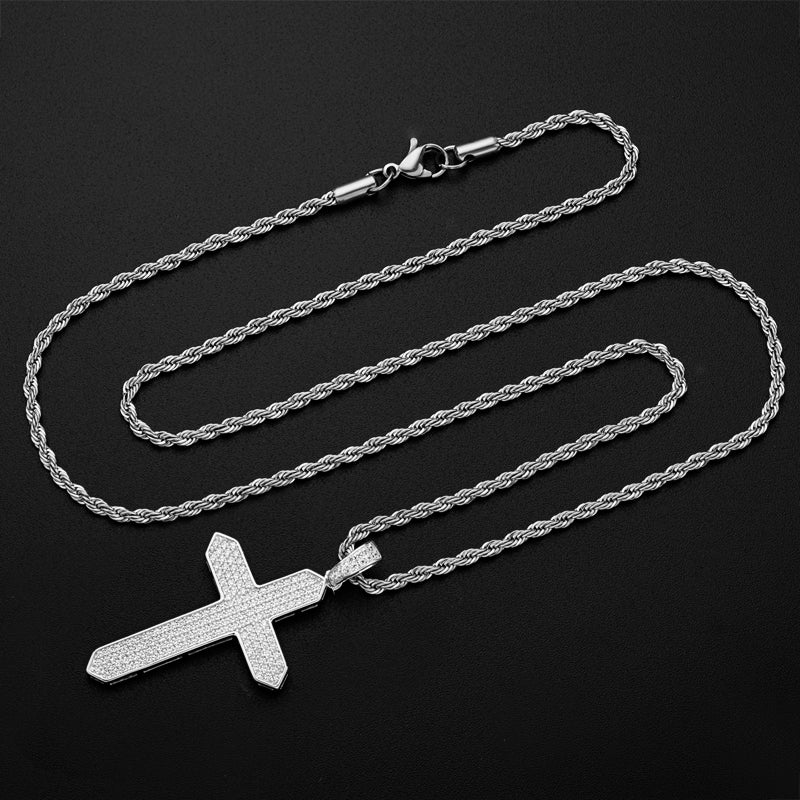 925 Sterling Silver Created CZ Cross Hip Hop Long Chain Pendant Necklace