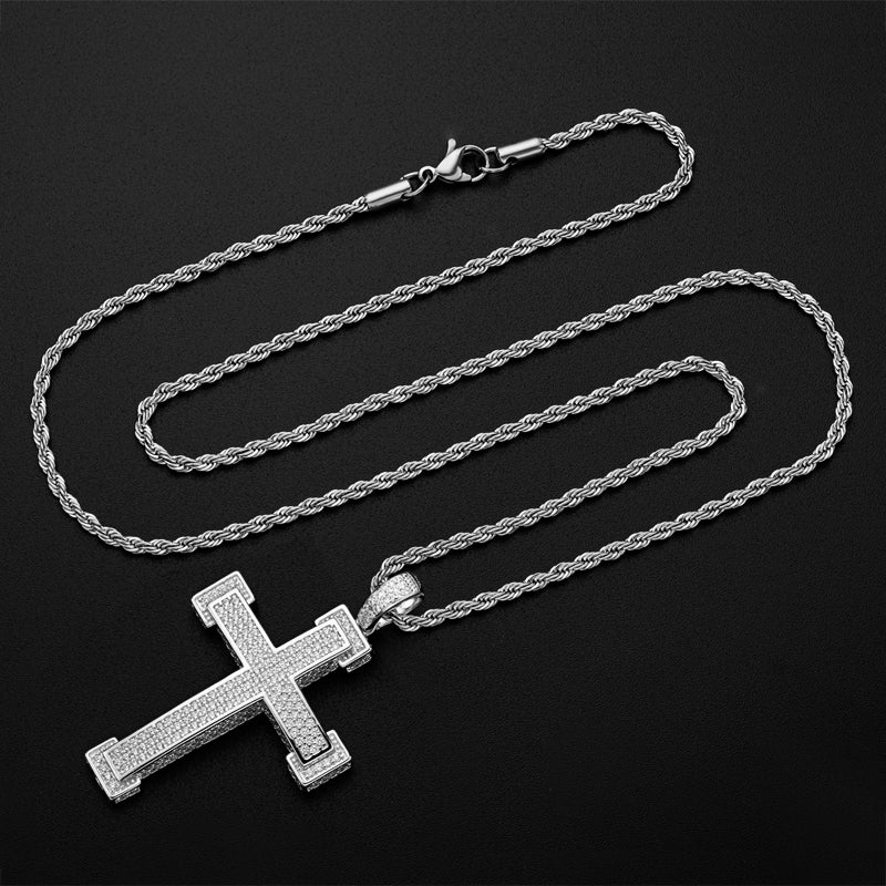 925 Sterling Silver Three Rows Round Cut Created CZ Cross Pendant Necklace