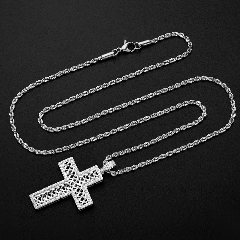 925 Sterling Silver Created Diamond Cross Hip Hop Long Chain Luxury Pendant Necklace