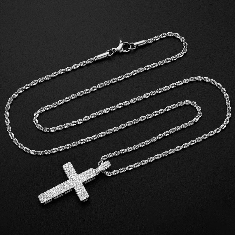 925 Sterling Silver Round Cut Created CZ Hip-Hop Cross Pendant Necklace