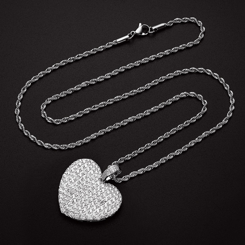 925 Sterling Silver Created Heart Shaped Rope Chain Hip Hop Pendant Necklace