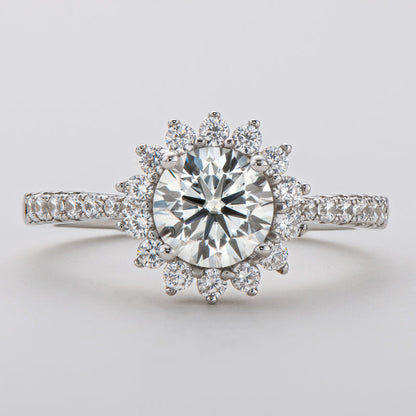 925 Sterling Silver Sunflower Shape Round Cut CZ Halo Ring