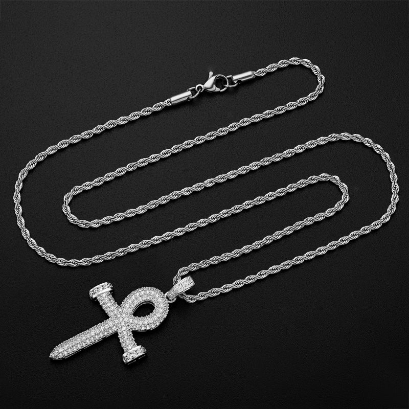 925 Sterling Silver Created Diamond Cross Hip Hop Rope Chain Pendant Necklace