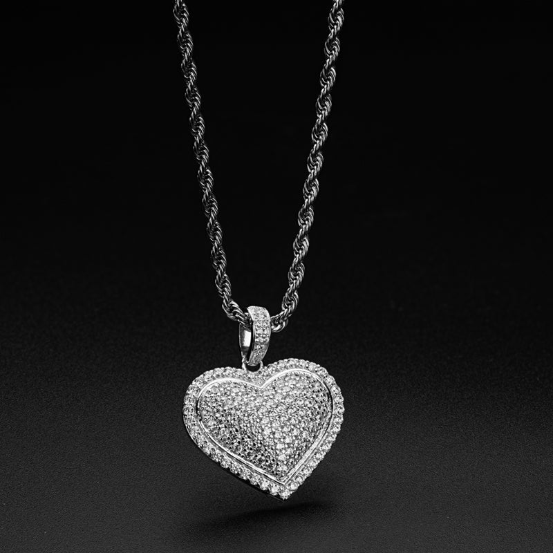 925 Sterling Silver Created Diamond Heart Shaped Hip Hop Pendant Necklace