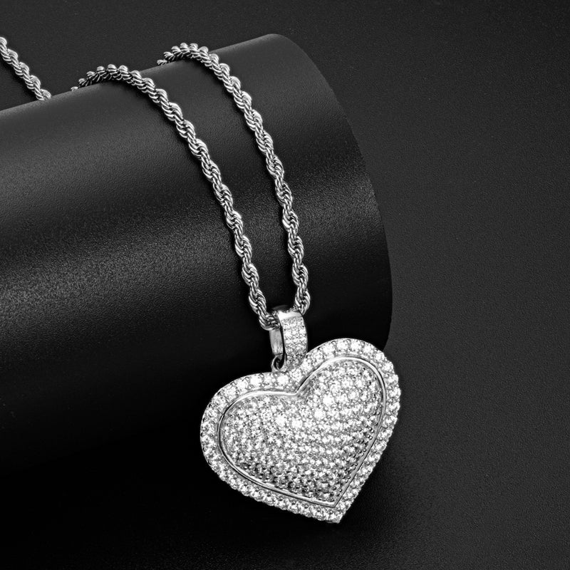 925 Sterling Silver Created CZ Heart Shaped Long Chain Hip Hop Pendant Necklace