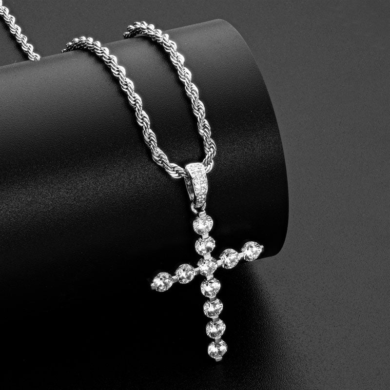 925 Sterling Silver Round Cut Created CZ Cross Pendant Necklace