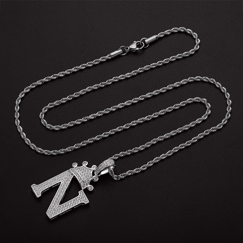 925 Sterling Silver The Letter N Created CZ Crown Hip Hop Rope Chain Pendant Necklace