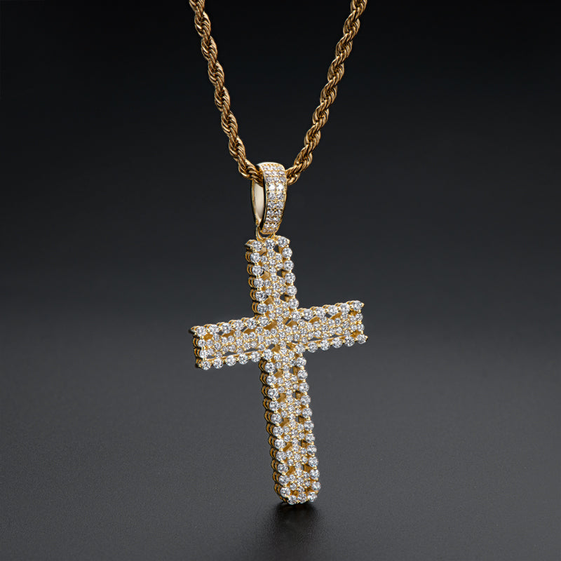 925 Sterling Silver Round Cut Created Diamond Personalized Cross Hip Hop Pendant Necklace 23.62''