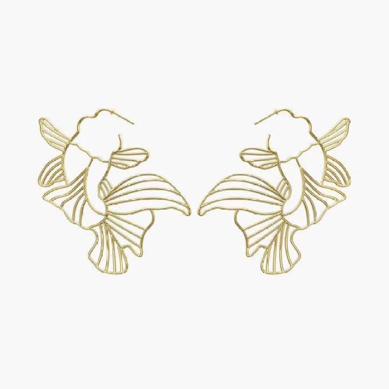 925 Sterling Silver Yellow Gold Unique Goldfish Design Drop Earrings